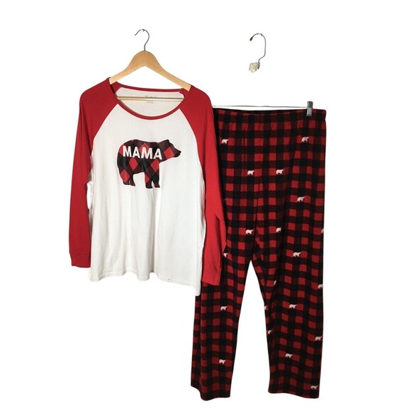 Place Pajama Set Women's Size 3XL Red Plaid Mama Bear Long Sleeve Fleece - Picture 1 of 9
